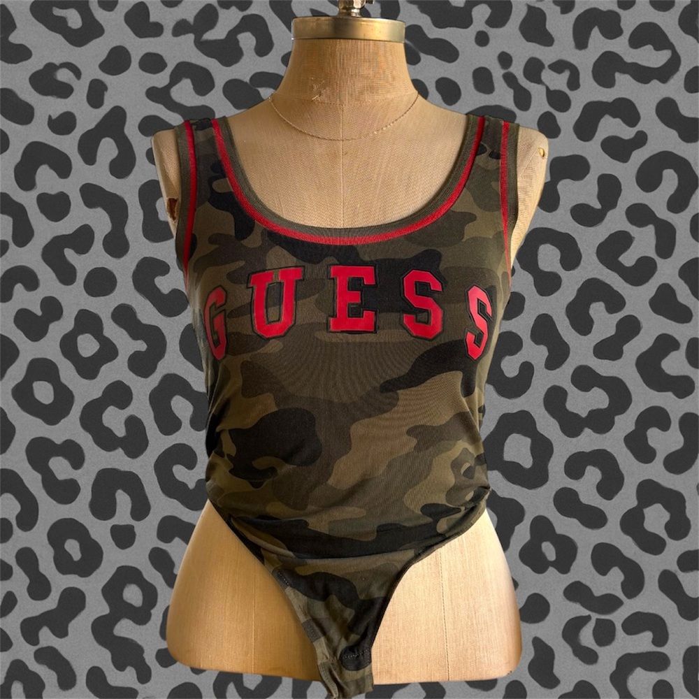 GUESS Camouflage Bodysuit with Red Lettering